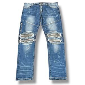 Embellish NYC Jeans Size 42 x 33 Blue Distressed Biker Denim Moto Zipper Pocket